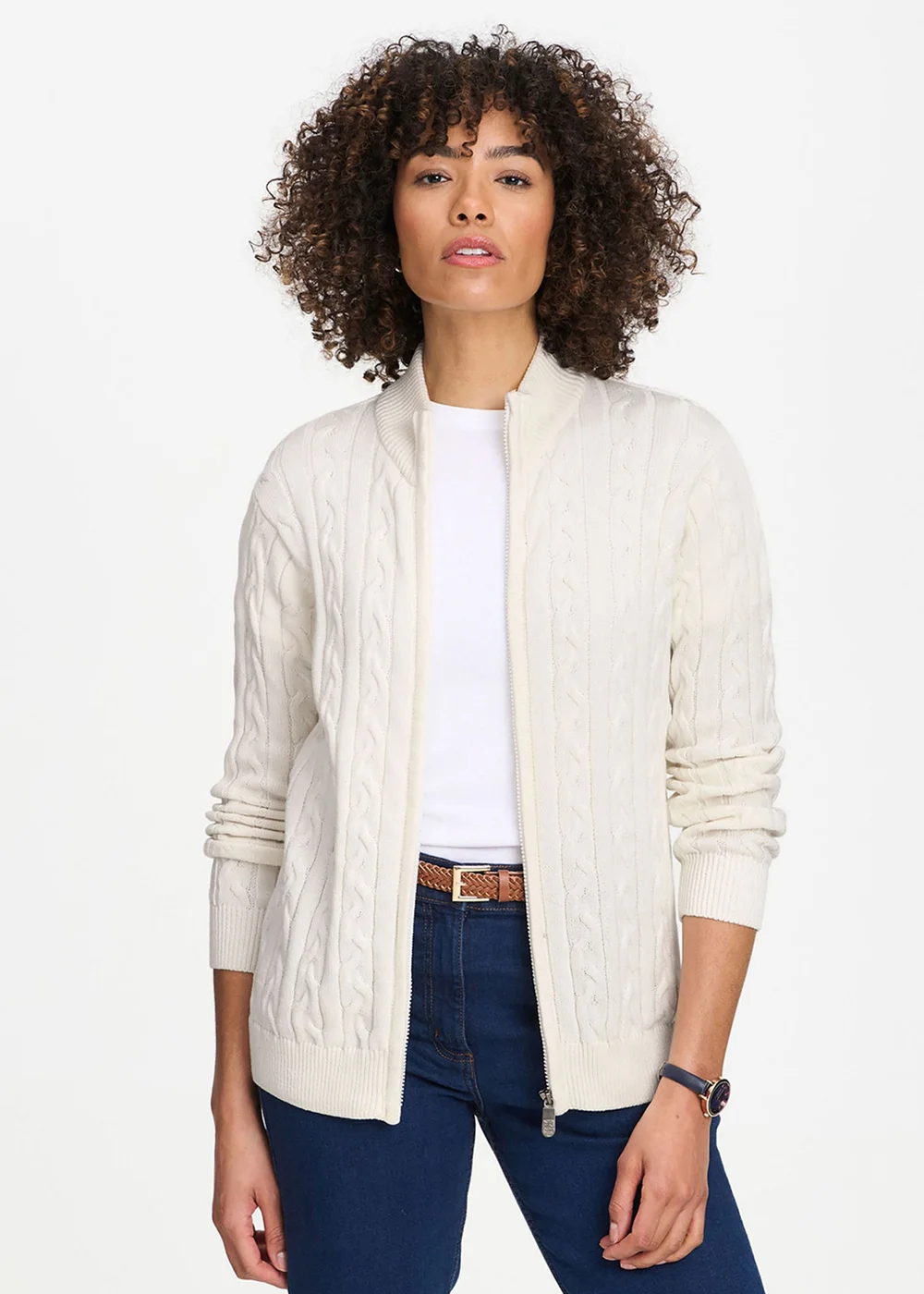 Cotton Traders Ivory Cotton Cable Zip Through Cardigan - S Image 1