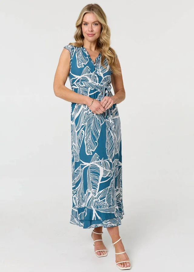 Izabel London Blue Leaf Print Sleeveless Maxi Dress