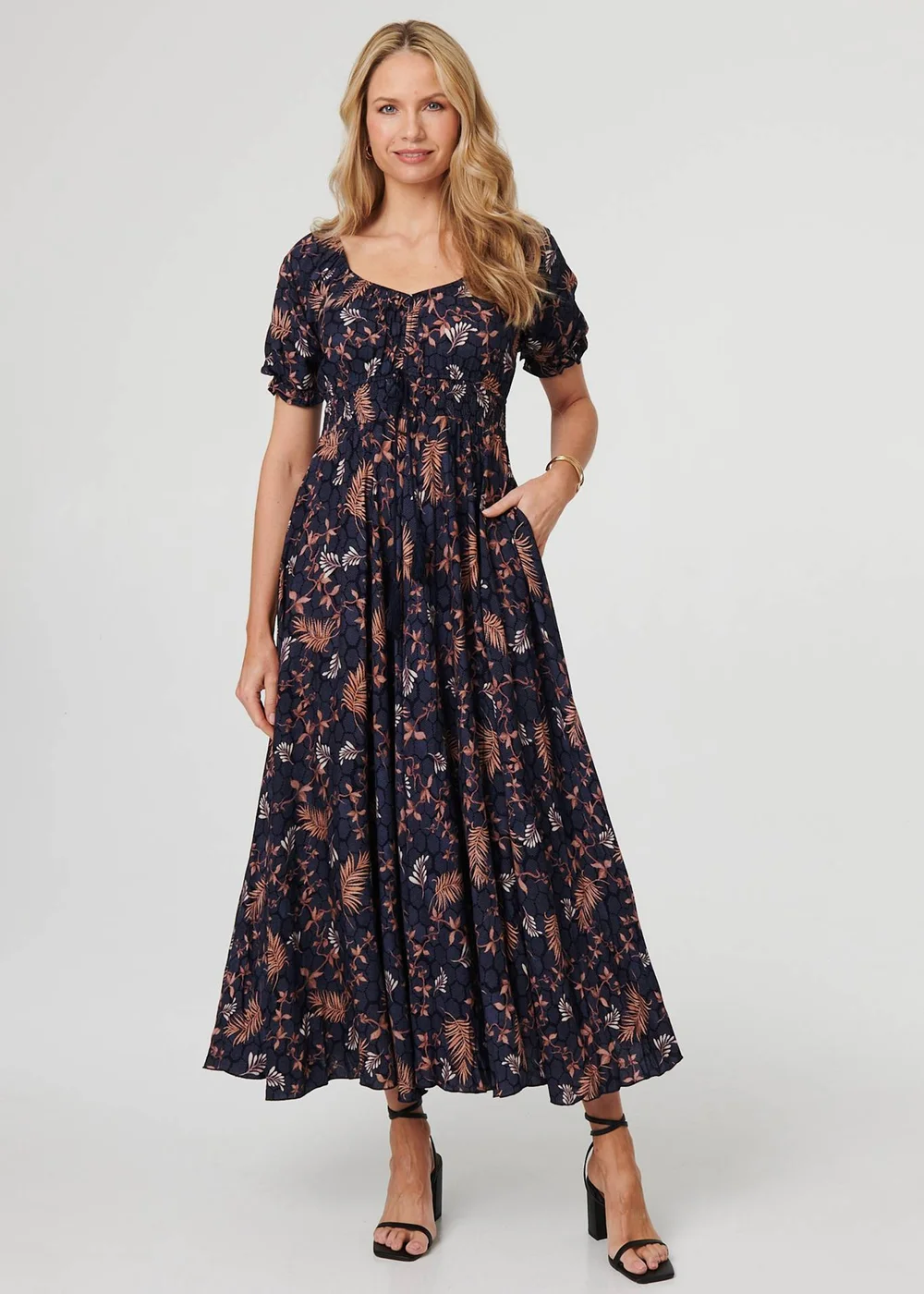 Izabel London Navy Leaf Print Short Puff Sleeve Maxi Dress - 8 Image 1