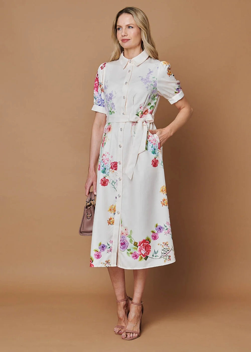 Izabel London Beige Floral 1/2 Sleeve Tie Waist Midi Dress - 10 Image 1