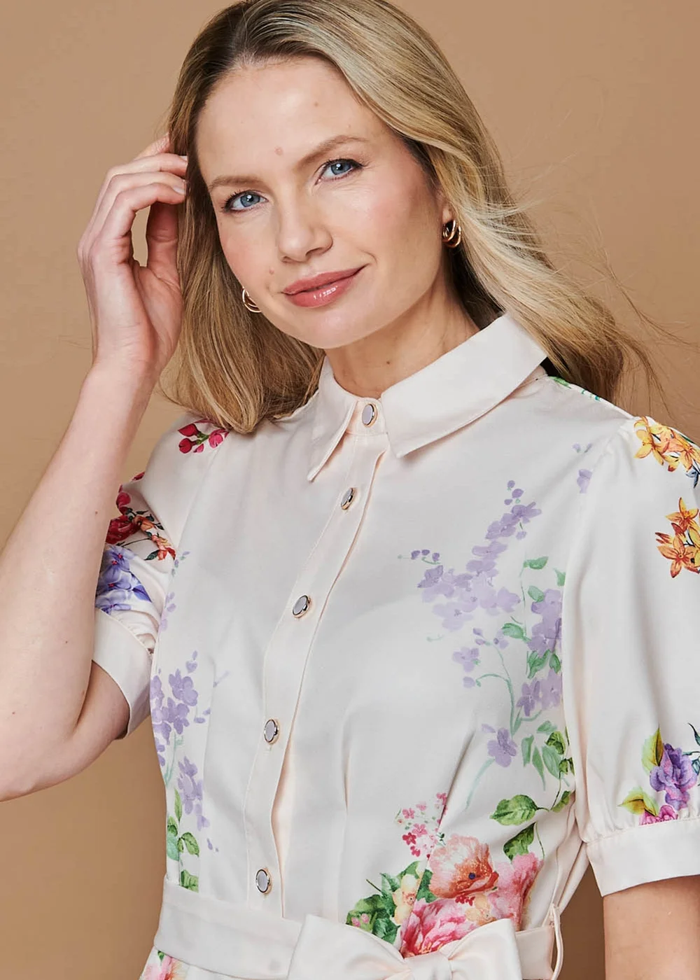 Izabel London Beige Floral 1/2 Sleeve Tie Waist Midi Dress - 10 Image 4