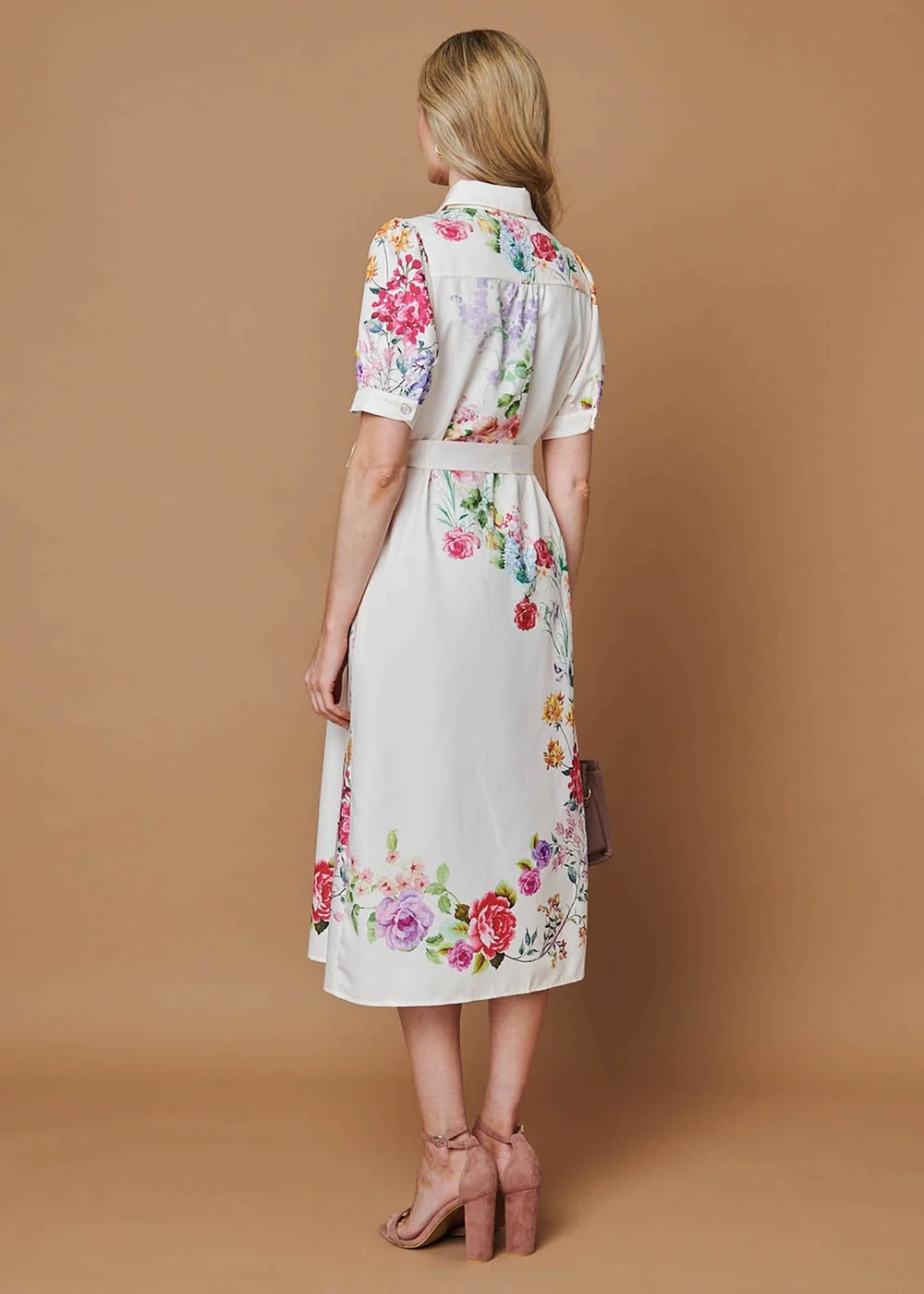 Izabel London Beige Floral 1/2 Sleeve Tie Waist Midi Dress - 10 Image 3