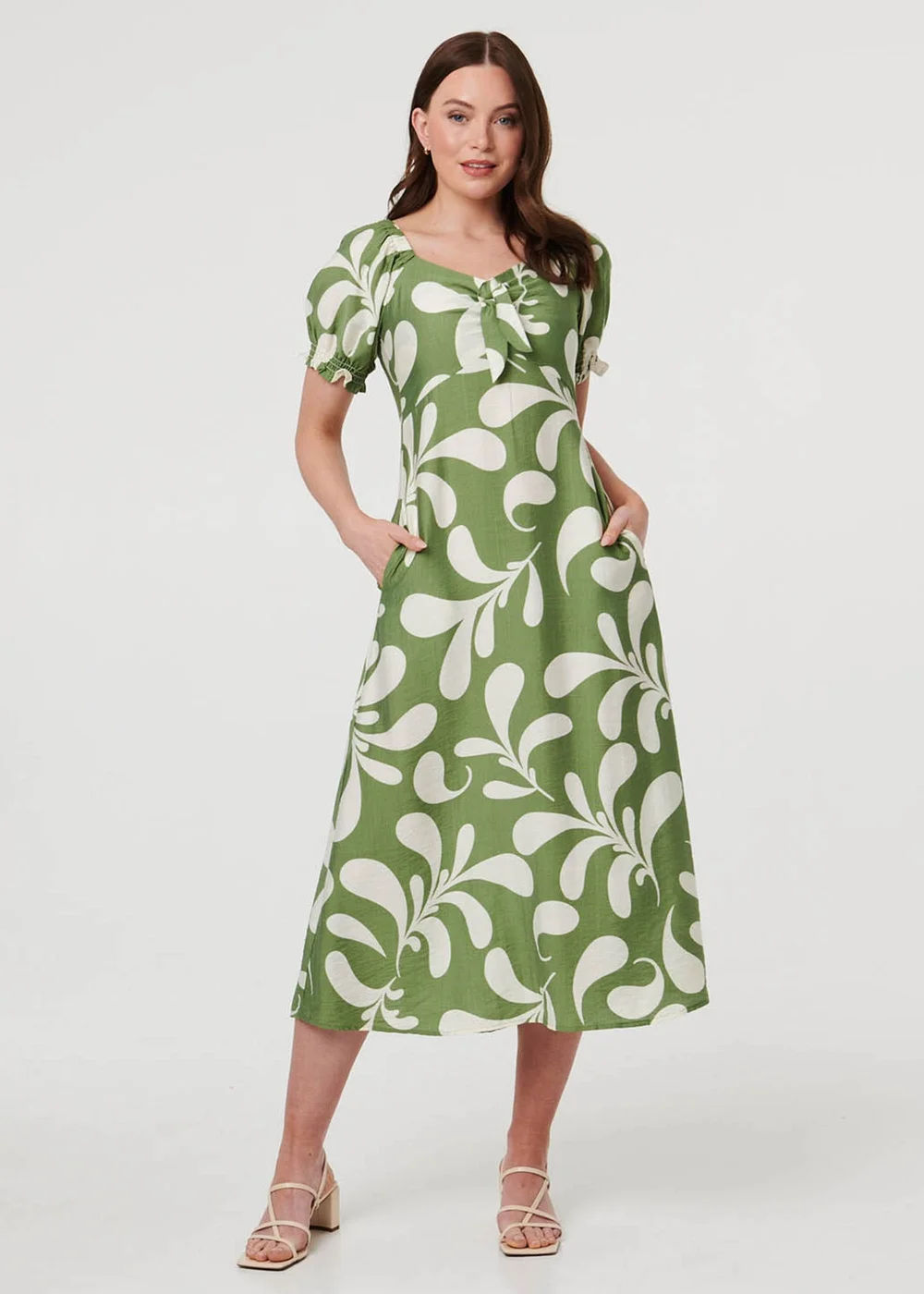 Izabel London Green Abstract Puff Sleeve Tie Neck Midi Dress - 14 Image 1