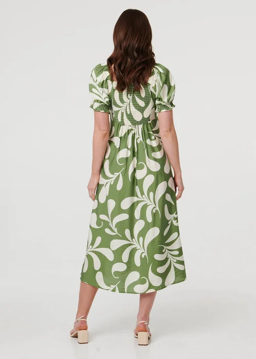 Izabel London Green Abstract Puff Sleeve Tie Neck Midi Dress - 14 Image 3