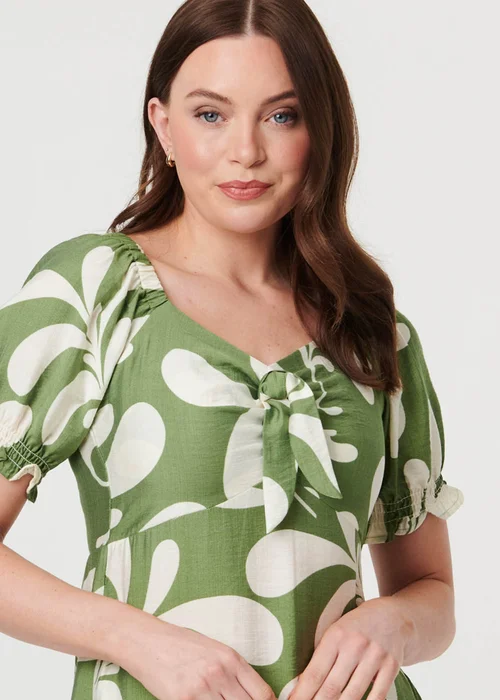 Izabel London Green Abstract Puff Sleeve Tie Neck Midi Dress - 14 Image 4