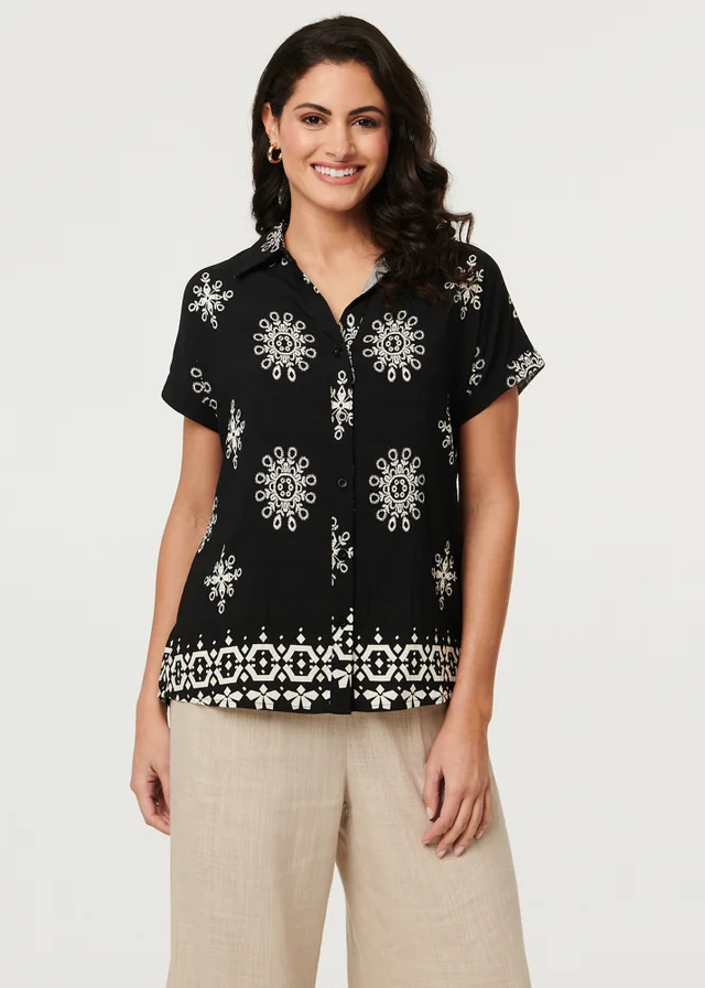 Izabel London Black Printed Short Sleeve Relaxed Shirt