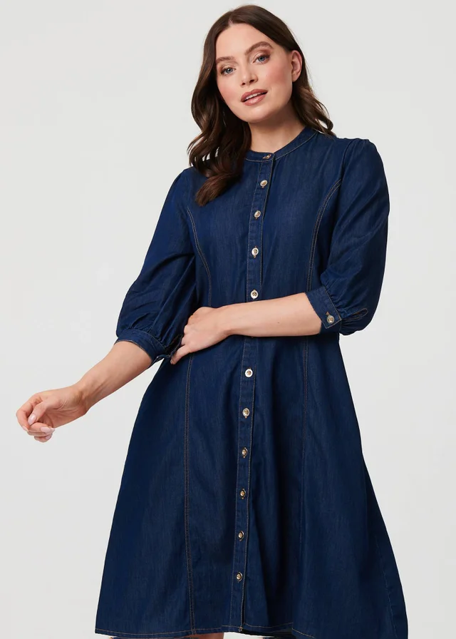 Izabel London Blue Collarless Knee Length Shirt Dress