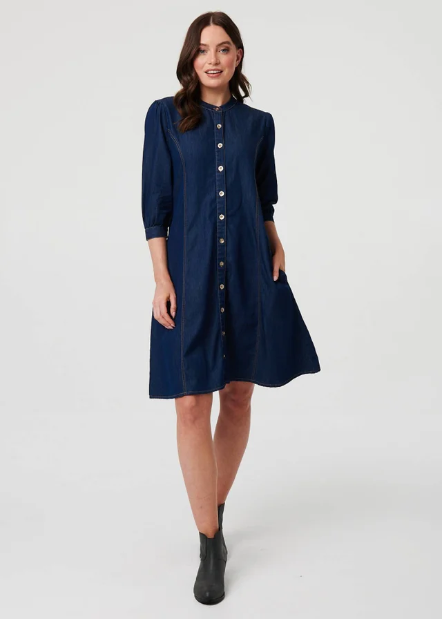 Izabel London Blue Collarless Knee Length Shirt Dress