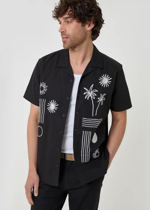 Threadbare Black Beach Embroidered Cotton Short Sleeve Shirt - M Image 4