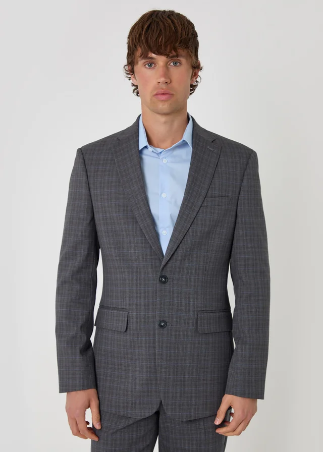 Threadbare Grey Regular Fit Cotton Rich Check Blazer