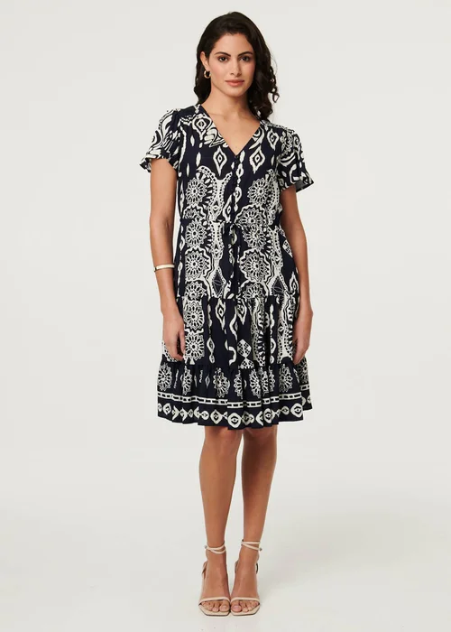 Izabel London Brown Abstract Angel Sleeve Knee Length Dress - 14 Image 1