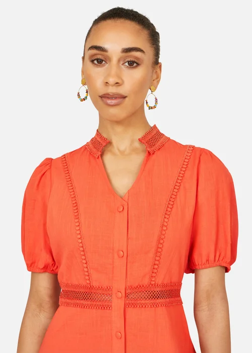 Yumi Orange Cotton Lace Trim Skater Shirt Dress - 8 Image 3