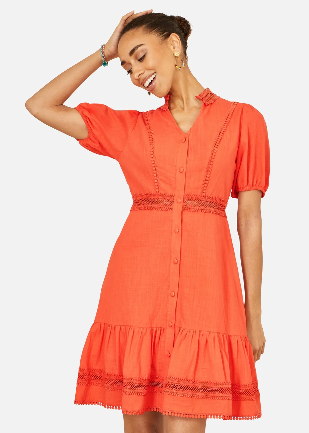 Yumi Orange Cotton Lace Trim Skater Shirt Dress - 8 Image 2