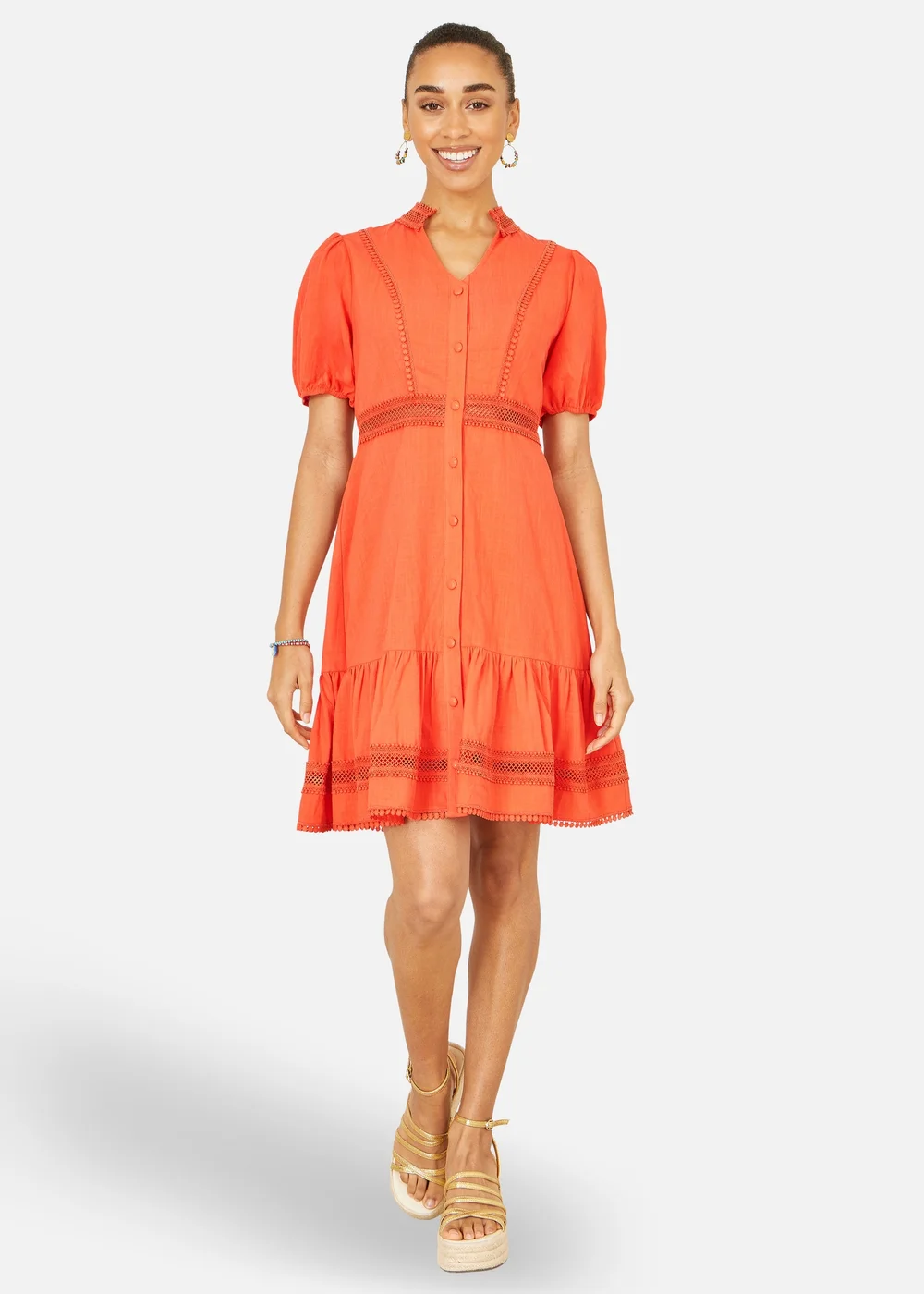 Yumi Orange Cotton Lace Trim Skater Shirt Dress - 8 Image 1