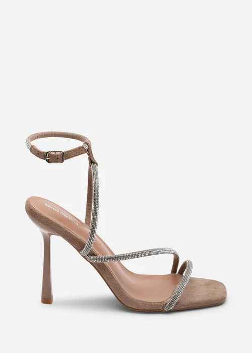 Where's That From Betsy High Heel Camel Faux Suede Sandal With Diamante Detail & Square Toe - 8 Image 1