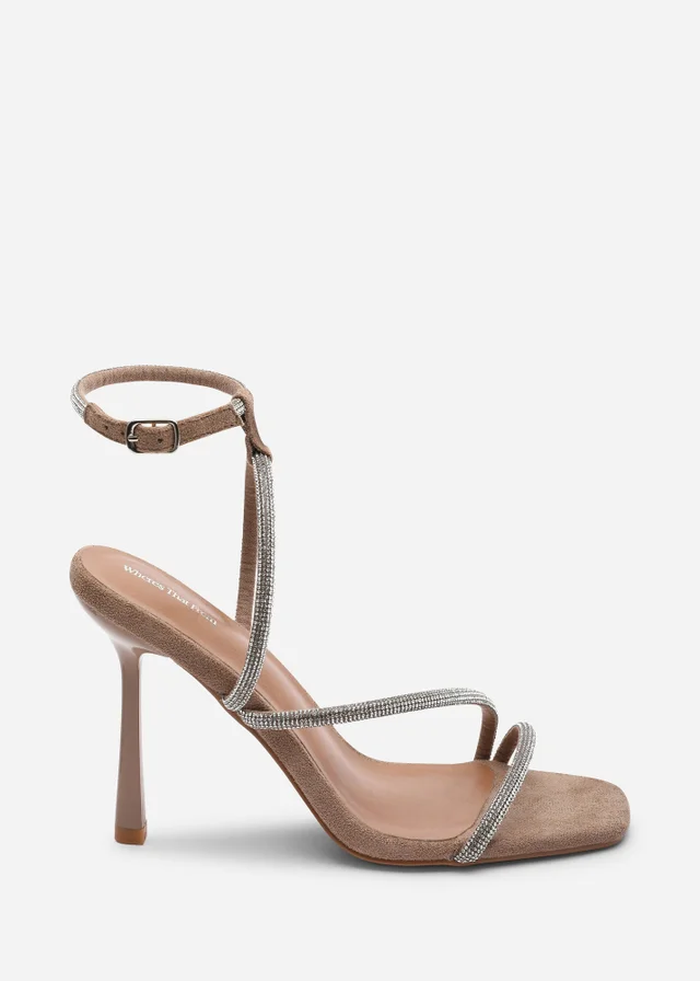 Where's That From Betsy High Heel Camel Faux Suede Sandal With Diamante Detail & Square Toe