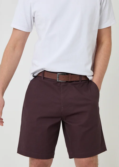 Threadbare Burgundy Patterned Stretch Chino Shorts with Belt - 38 Image 4