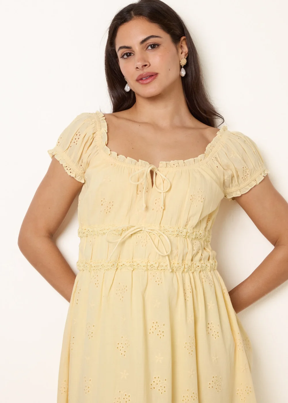 Blue Vanilla Yellow Broderie Front Tie Midi Dress - M Image 2