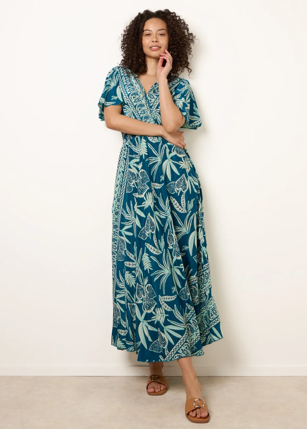 Blue Vanilla Turquoise Wrap Over Angel Sleeve Shirred Maxi Dress - S/M Image 1