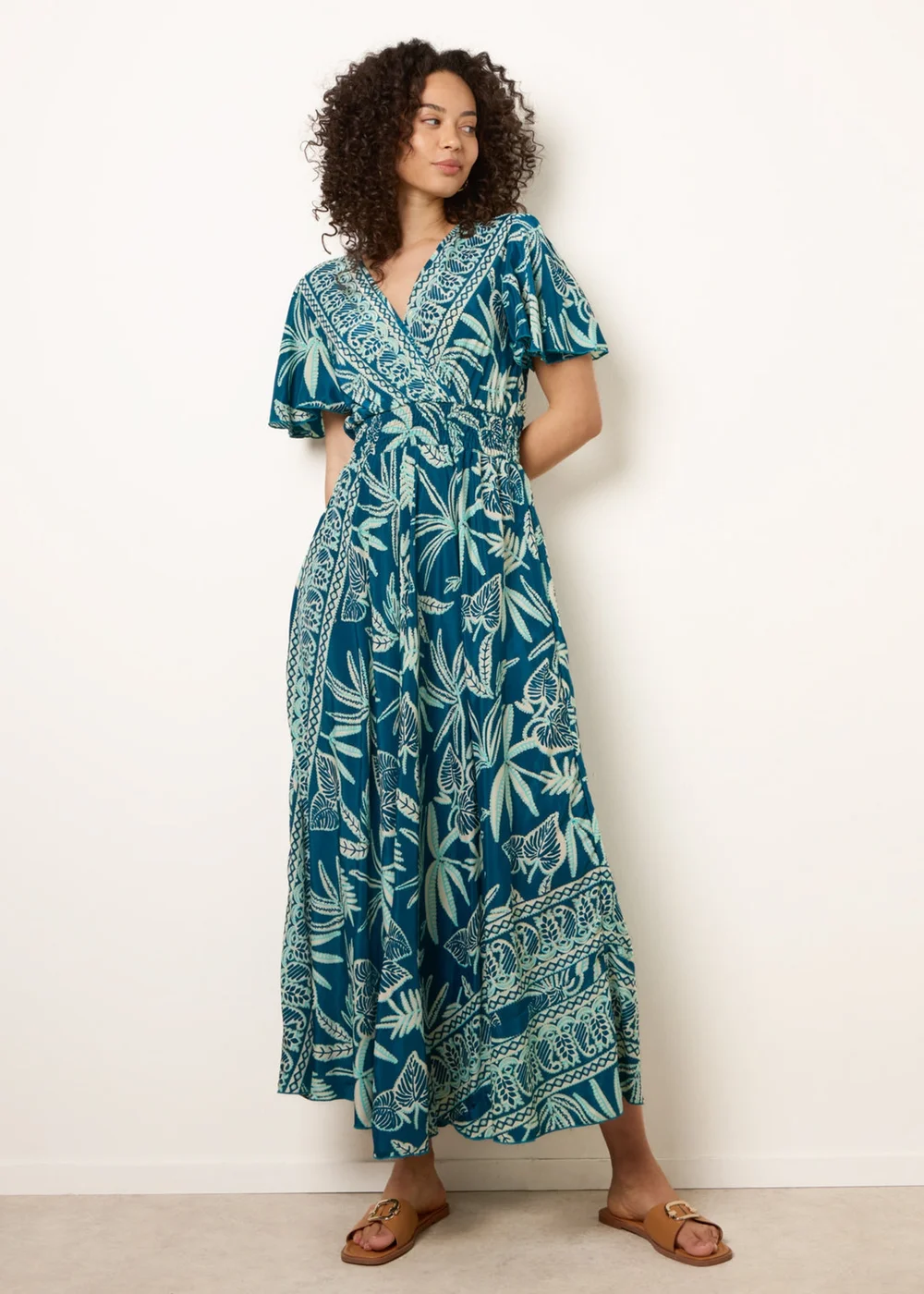 Blue Vanilla Turquoise Wrap Over Angel Sleeve Shirred Maxi Dress - S/M Image 3