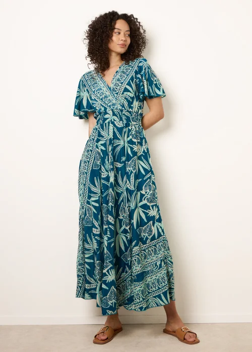 Blue Vanilla Turquoise Wrap Over Angel Sleeve Shirred Maxi Dress - S/M Image 3