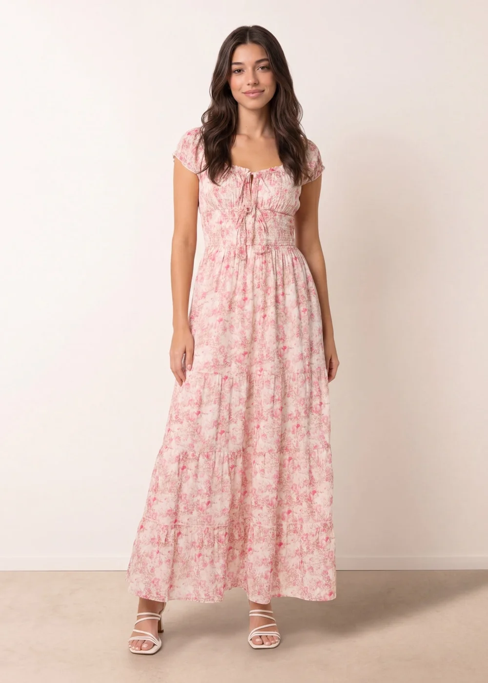 Blue Vanilla Pink Double Front Tie Shirred Ditsy Floral Maxi Dress - M Image 1