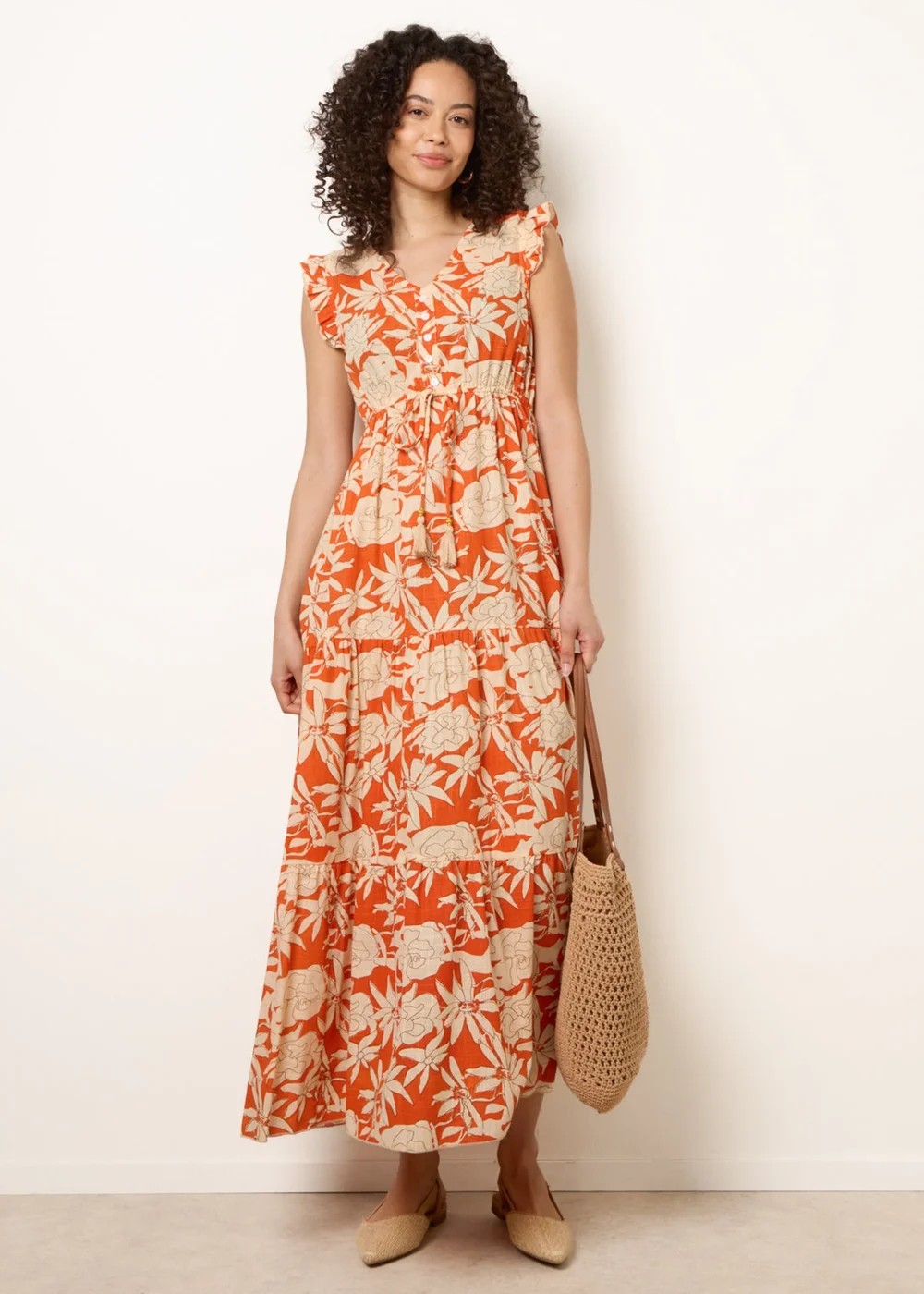 Blue Vanilla Orange Button Frill Sleeve Dress - M Image 3