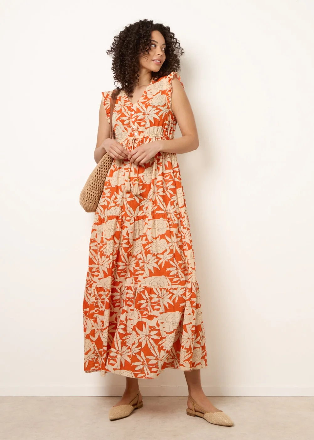 Blue Vanilla Orange Button Frill Sleeve Dress - M Image 1