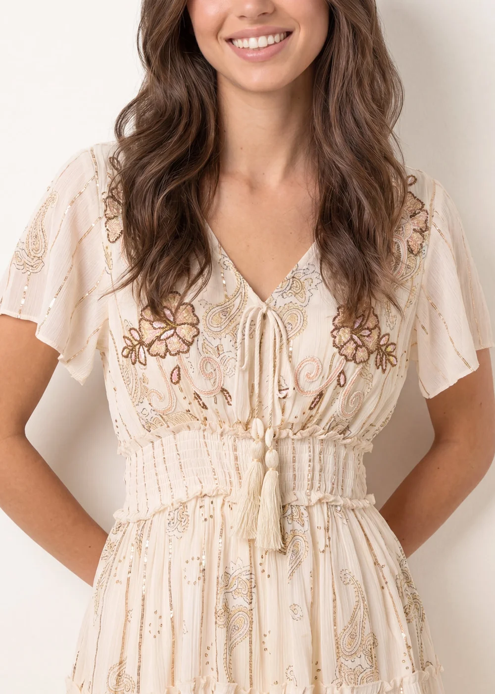 Blue Vanilla Beige Embellished Tiered Mini Dress - L/XL Image 3