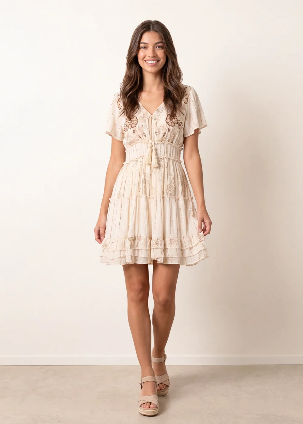 Blue Vanilla Beige Embellished Tiered Mini Dress - L/XL Image 1