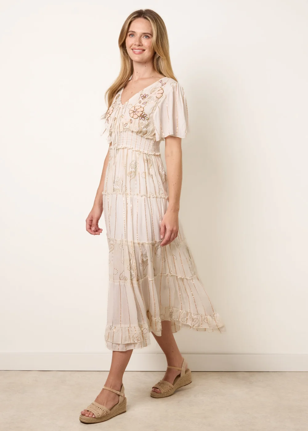Blue Vanilla Beige Embellished Midi Dress - S/M Image 3