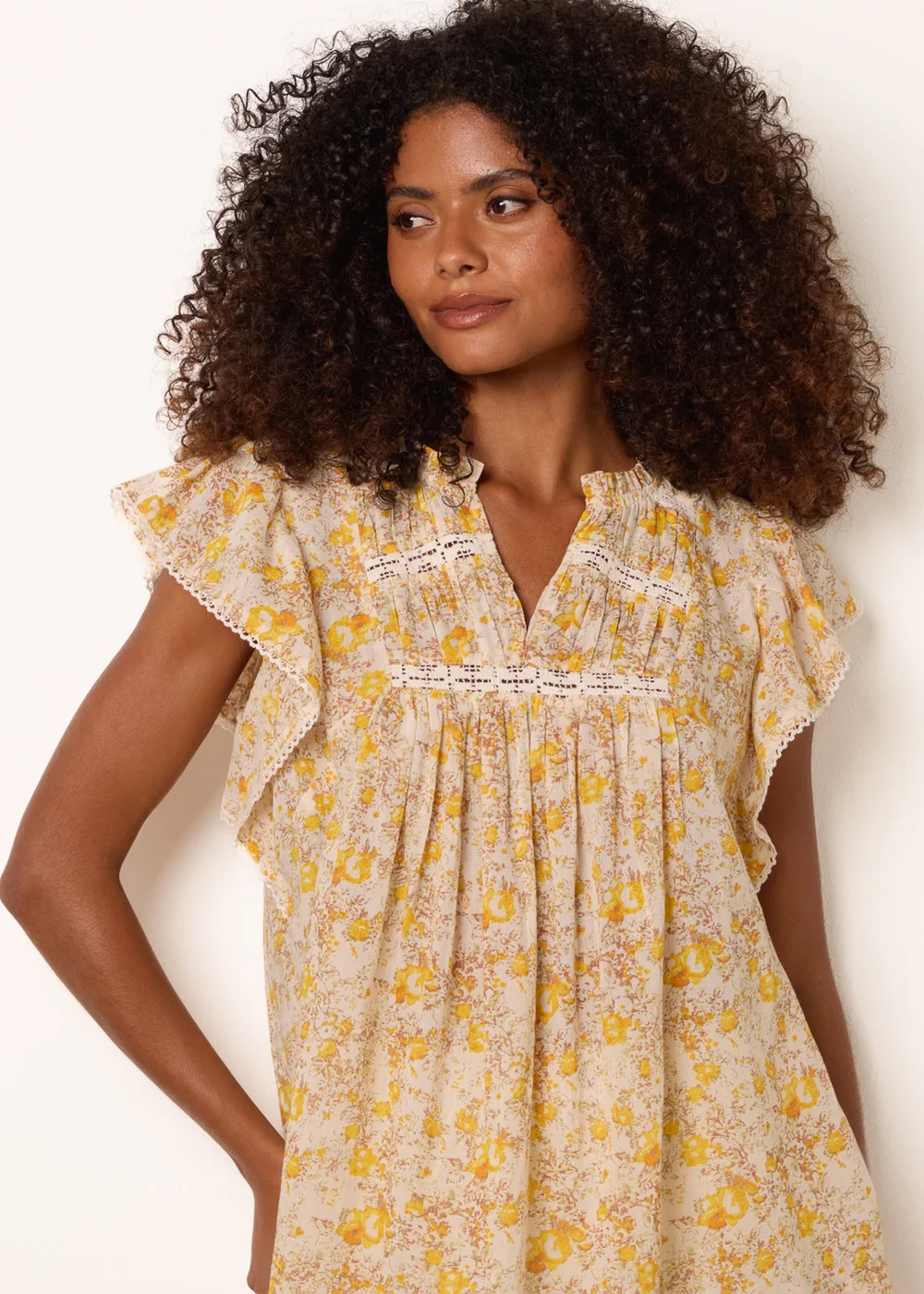 Blue Vanilla Yellow Ditsy Floral Cotton Ruffle Sleeve Top - M Image 3