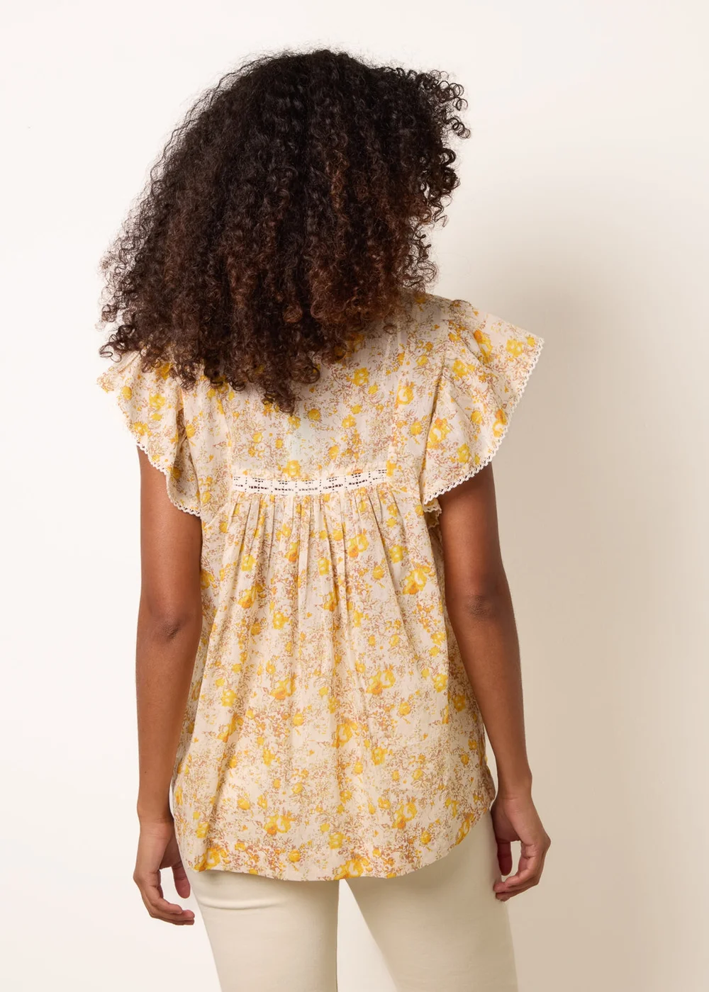 Blue Vanilla Yellow Ditsy Floral Cotton Ruffle Sleeve Top - M Image 4