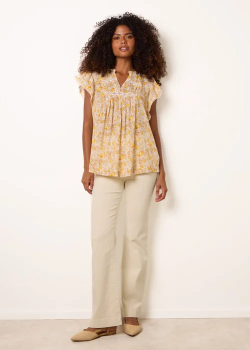 Blue Vanilla Yellow Ditsy Floral Cotton Ruffle Sleeve Top - M Image 2
