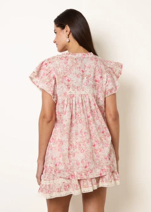Blue Vanilla Pink Ditsy Floral Cotton Ruffle Sleeve Top - S Image 4