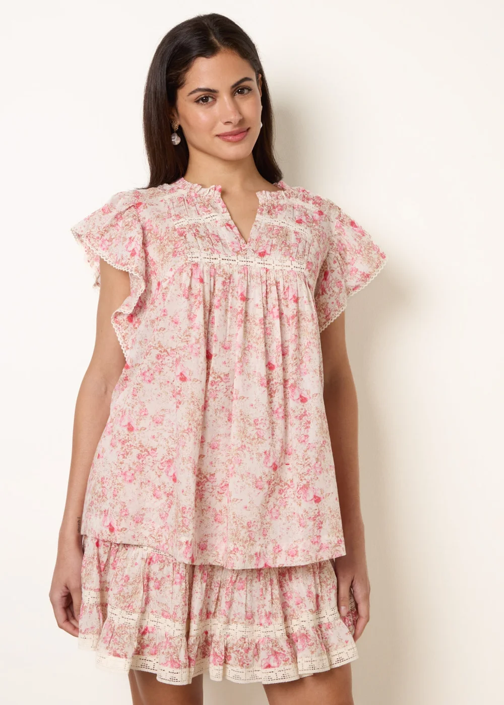 Blue Vanilla Pink Ditsy Floral Cotton Ruffle Sleeve Top - S Image 2