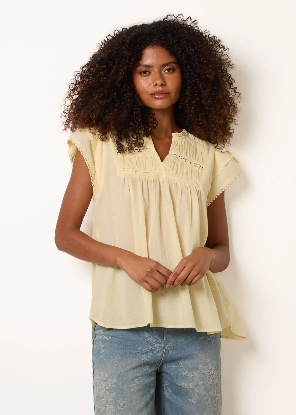 Blue Vanilla Yellow Cotton Embroidery Detail Ruffle Sleeve Top - S Image 2
