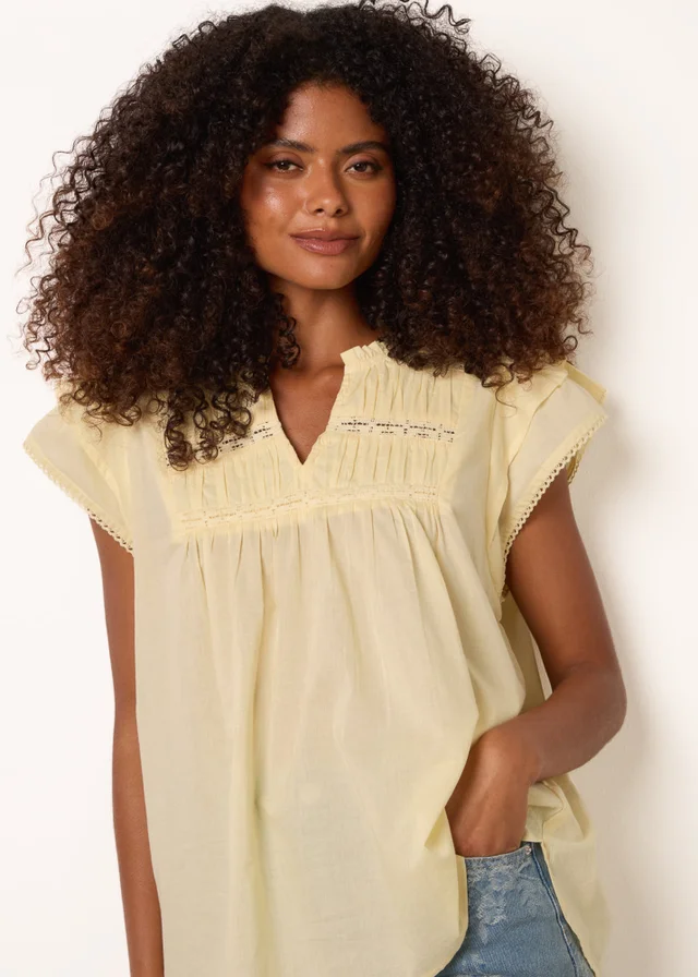 Blue Vanilla Yellow Cotton Embroidery Detail Ruffle Sleeve Top