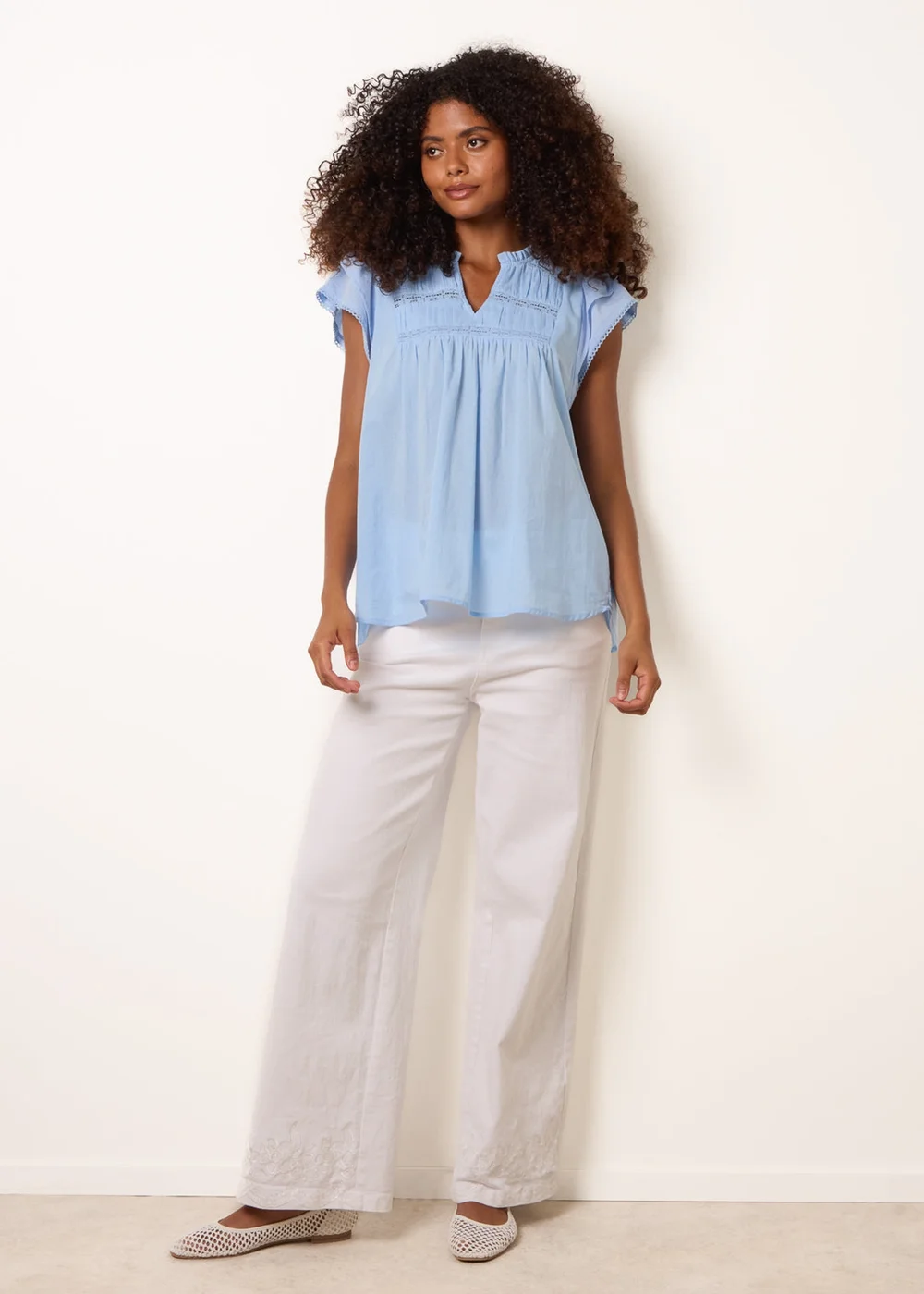 Blue Vanilla Blue Cotton Embroidery Detail Ruffle Sleeve Top - S Image 2