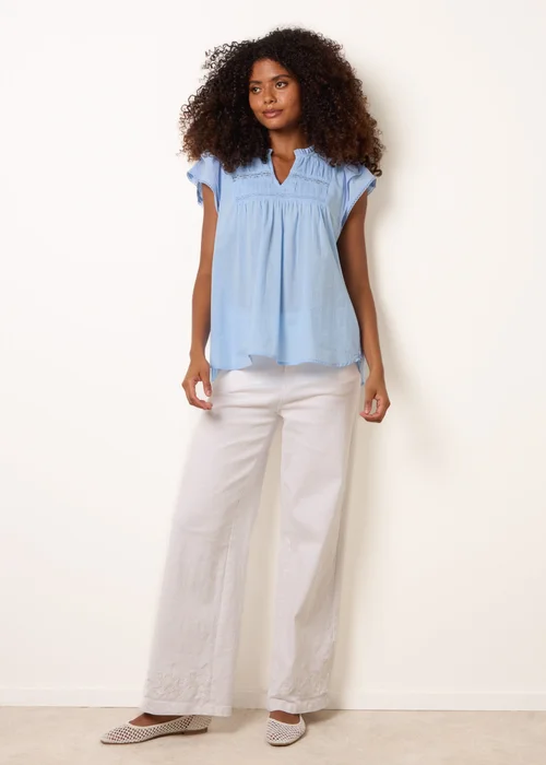 Blue Vanilla Blue Cotton Embroidery Detail Ruffle Sleeve Top - S Image 2