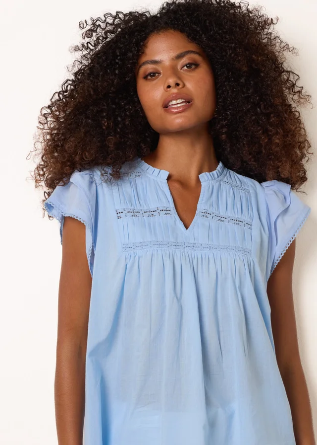 Blue Vanilla Blue Cotton Embroidery Detail Ruffle Sleeve Top