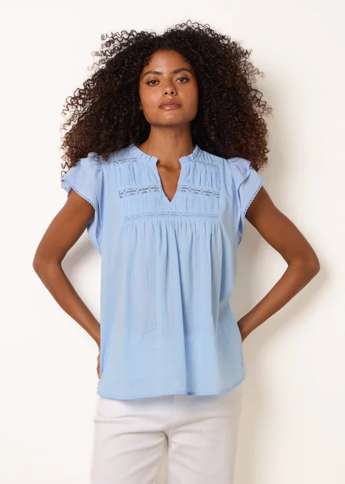 Blue Vanilla Blue Cotton Embroidery Detail Ruffle Sleeve Top - S Image 3
