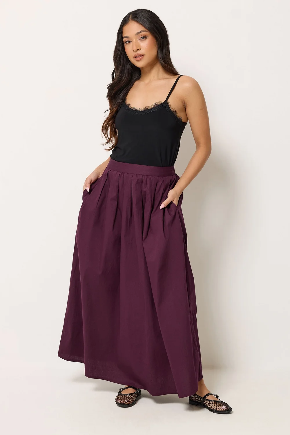 PixieGirl Petite Burgundy Red Poplin Cotton Maxi Skirt - 12 Image 2