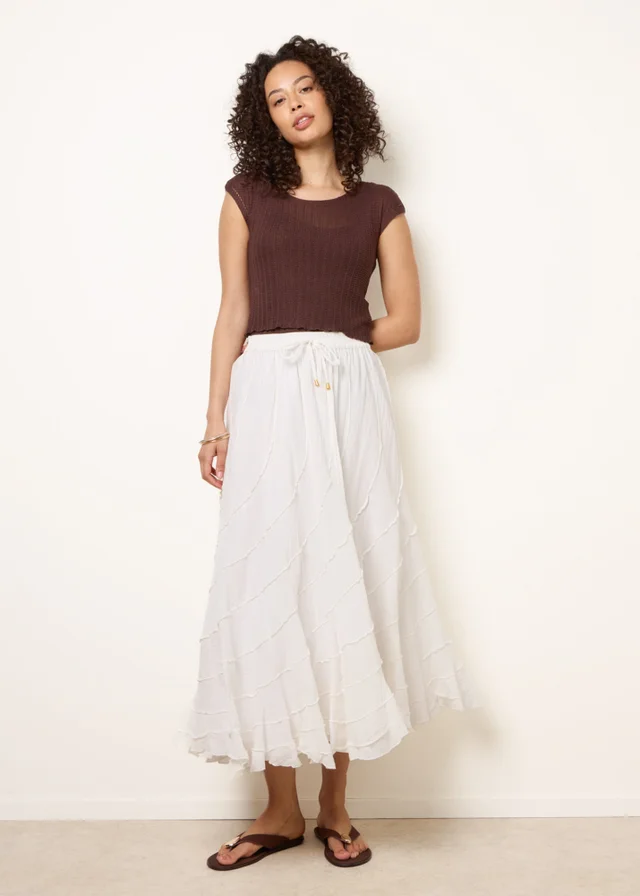Blue Vanilla Ivory Panelled Overlocked Frill Maxi Skirt