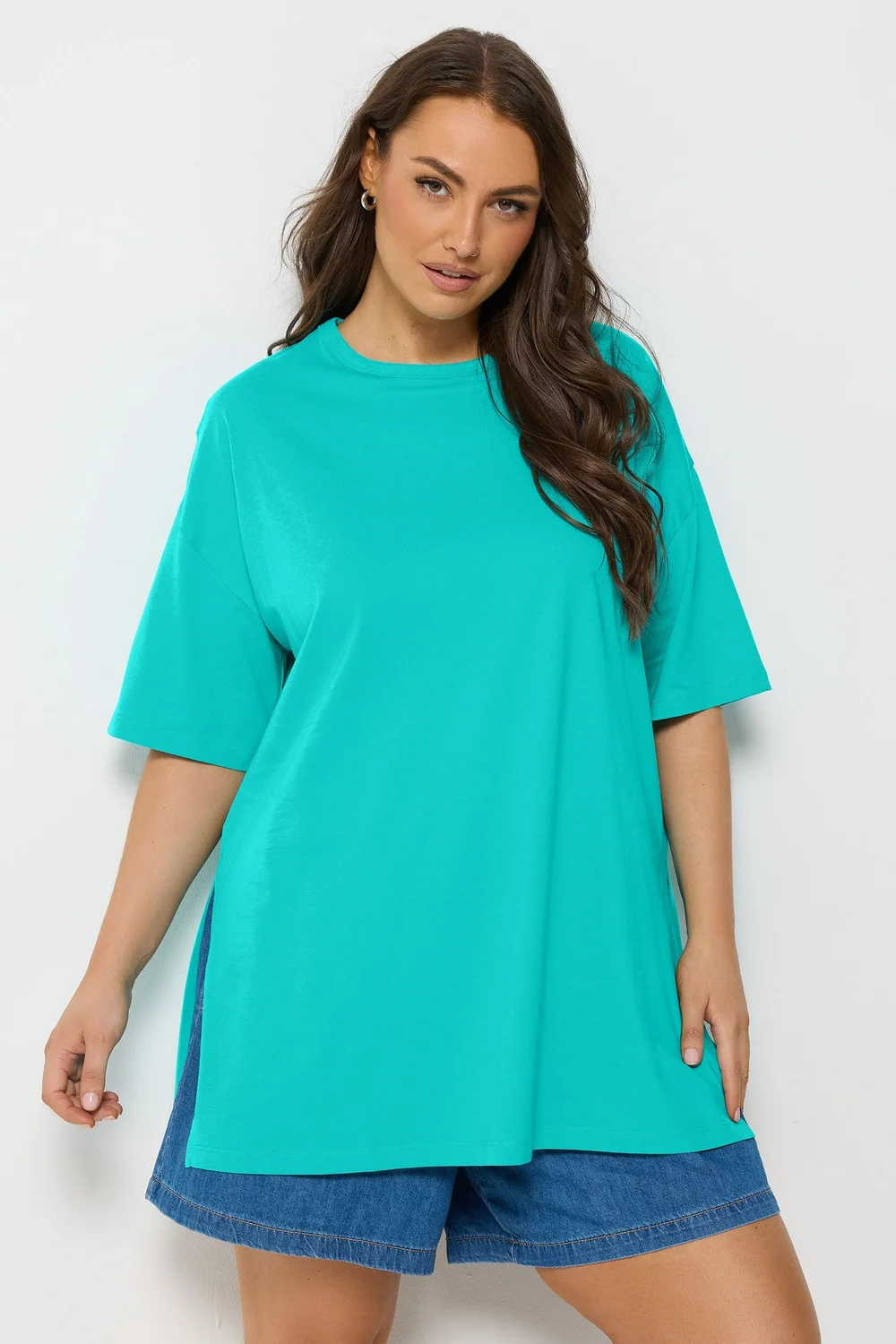 Yours Curve Turquoise Blue Side Split Longline T-Shirt - 22-24 Image 1