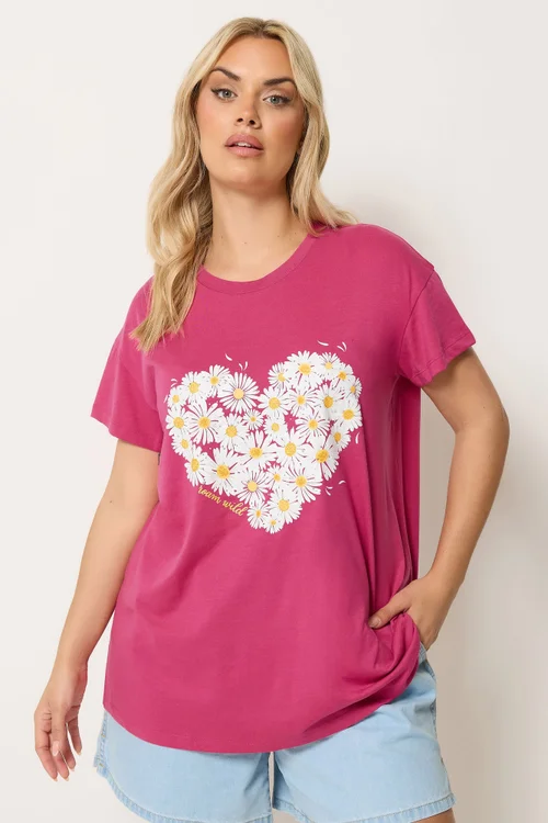 Yours Curve Dark Pink Daisy Heart Print T-Shirt - 20 Image 1