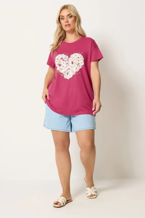 Yours Curve Dark Pink Daisy Heart Print T-Shirt - 20 Image 2