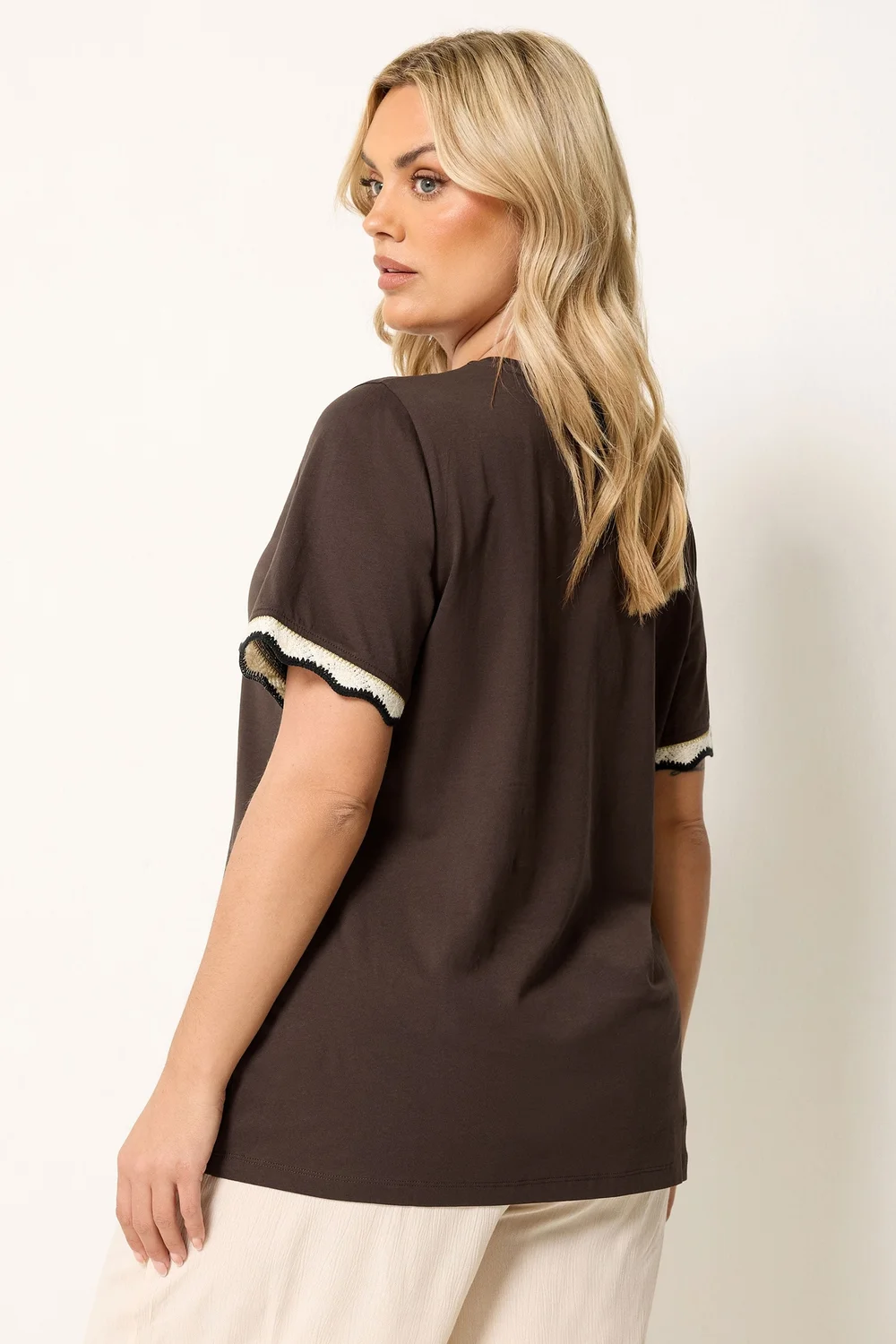 Yours Curve Chocolate Brown Metallic Crochet Trim T-Shirt - 38-40 Image 3