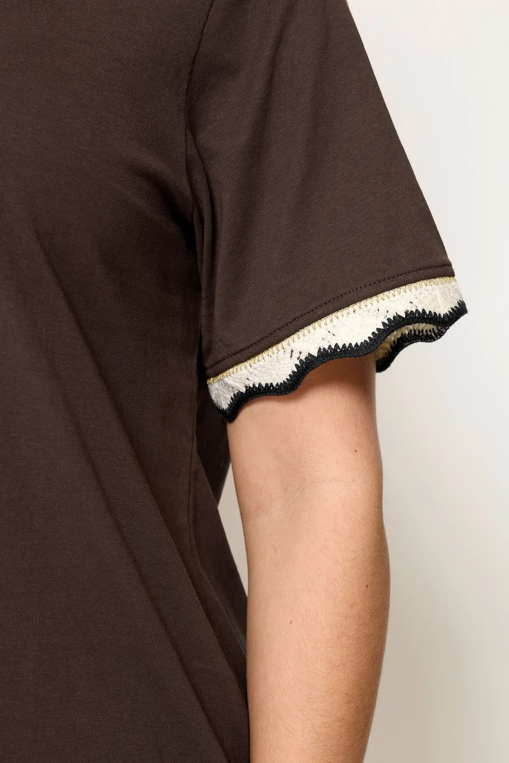 Yours Curve Chocolate Brown Metallic Crochet Trim T-Shirt - 38-40 Image 4