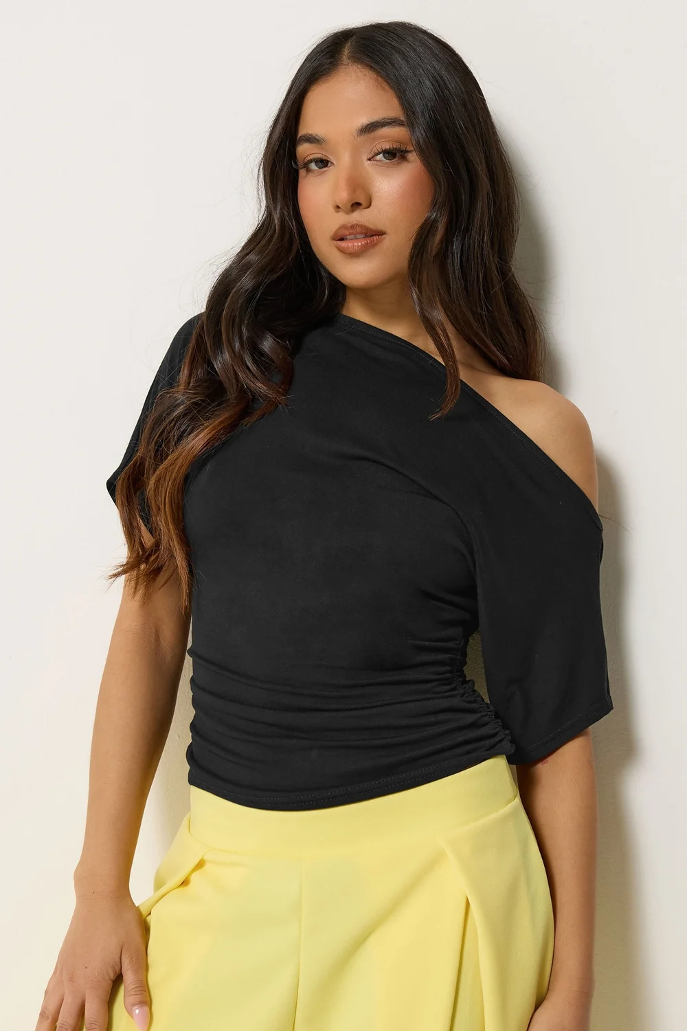 PixieGirl Petite Black Slash Neck Ruched T-Shirt - 14 Image 1